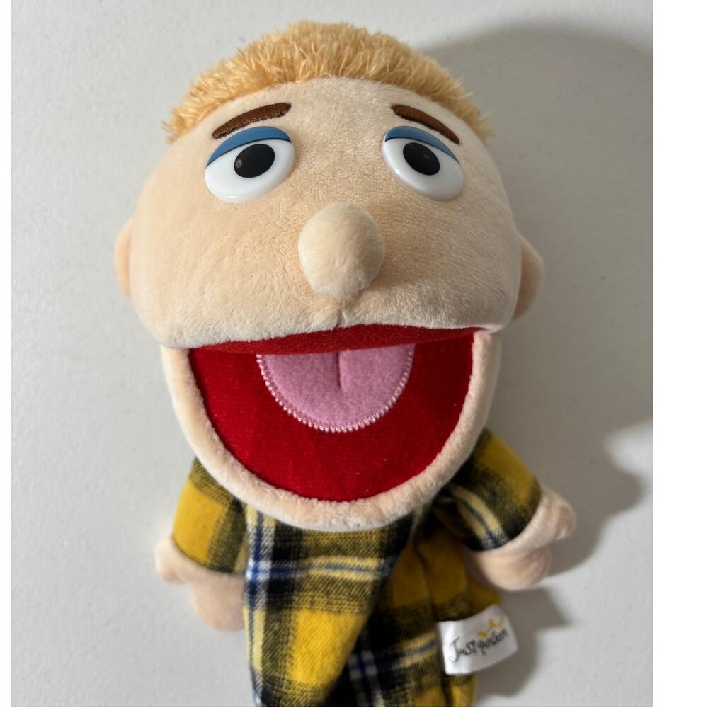 Just Qunseen White Male Boy Hand Puppet Blond Hair Plaid Yellow Shirt Pretend